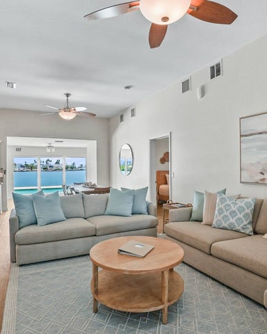 Open plan living room with water views